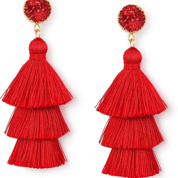 Colorful Layered Tassel Earrings Bohemian Statement Tiered Tassel Big Dangle Dro - Picture 1 of 6